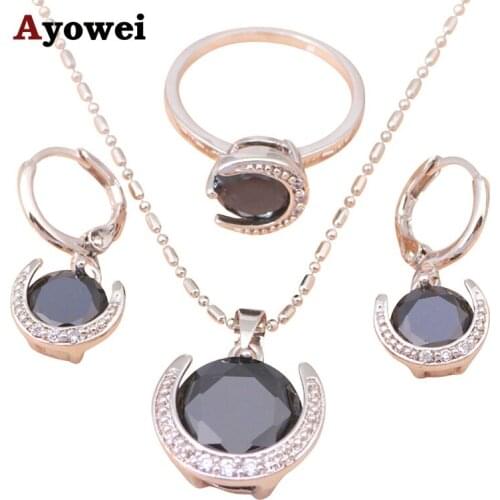 Luxury gold color Austrian Black onyx Health Nickel & Lead free Earring Necklace Ring size #6 #8.5 Jewelry Set JS276A