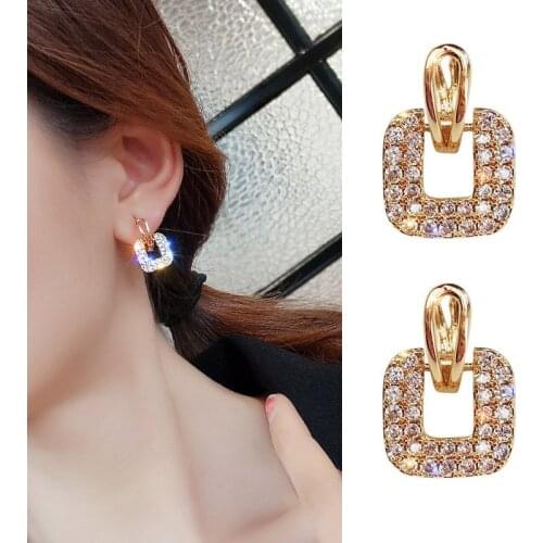 New Crystal Square Drop Earrings For Women Golden Shining Luxury Korean Style Fashion Party Jewelry Wedding Statement Earrings