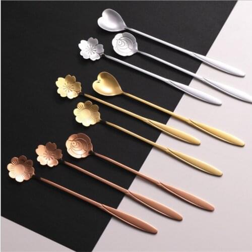 New Home Decor Dessert Coffee Spoon Long Handle Dessert Stainless Steel Vintage Teaspoons Drink Tableware Flowers Design 1PCS