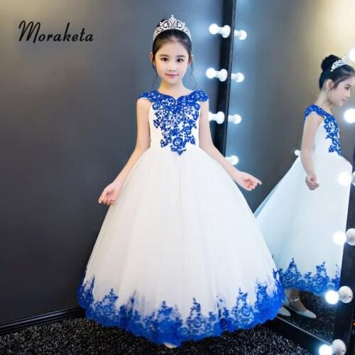 Boat Neck Off The Shoulder Floor-Length Girls Pageant Dresses 2019 Ball Gown White Long Flower Girl Dresses With Blue Appliques