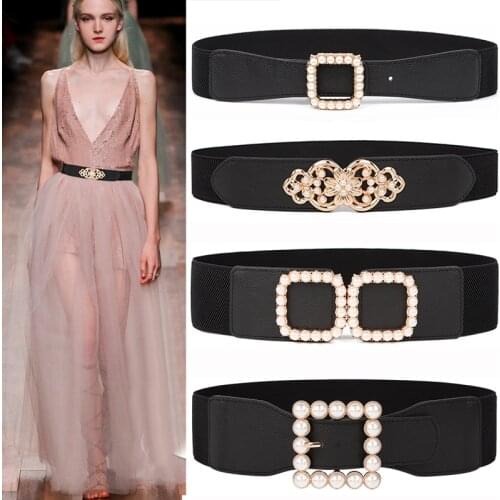 NEW Elastic Wide Belt Stretch pearl alloy gold square buckle Cummerband Lady party black Waistbands for dress Waist Seal Women