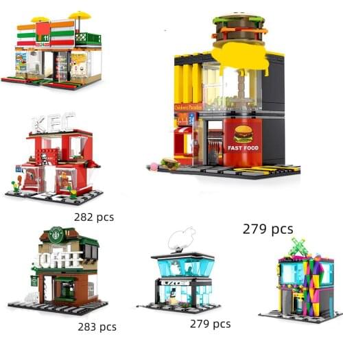 Sembo Block City Street View Retail Store Coffee Food Shop Architecture Friend Store Model Building Brick Construction Kids toy
