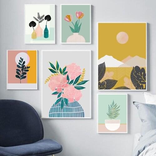 Vintage Plant Vases Flower Peony Fern Sunset Mountain Wall Art Print Canvas Painting Nordic Poster Picture For Living Room Decor