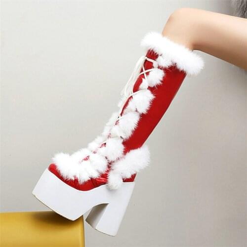 Women Lace Up Patent Leather High Heel Knee High Motorcycle Boots Female Winter Warm Fur Round Toe Thigh High Platform Creepers