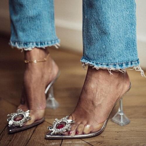 Woman New Pointed Toe Strange High Heels Sexy Sandals Transparent Fairy Sandal with Rhinestone Button