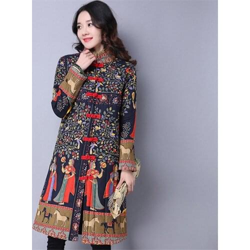 Women National style retro Women Parkas New Female Cotton Warm and thick Coat Stand-up Buckle collarTang suit Overcoat A156