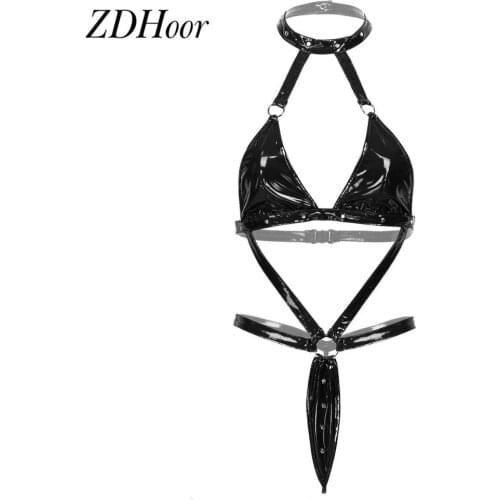 Womens Exotic Shiny Sequins Bikini Lingerie Set Sexy Halter Bra Top G-string Briefs Underwear Set Sleepwear with Bowtie Headband