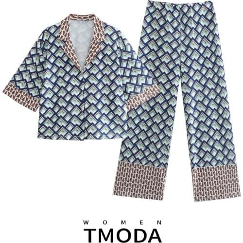 TMODA1720 Za 2021 Summer Women Blue Print Loose Blouse And High Waist Wide Leg Pants Trousers Vintage Female Casual 2 Piece Sets