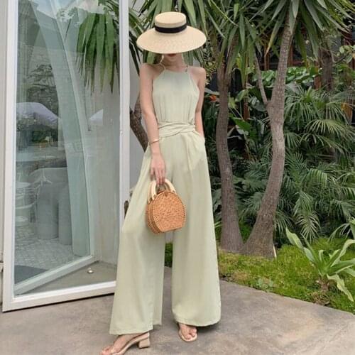 Fashion Summer Korean Casual Vintage Beach Long Jumpsuits Women OL Elegant Sexy Sleeveless Sashes Chiffon Loose Wide Leg Rompers