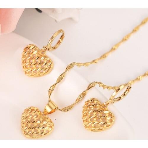 24 K Yellow Fine Gold GF Heart Pendant Ladys 500*2mm Necklace Earrings Reseau Jewelry Set
