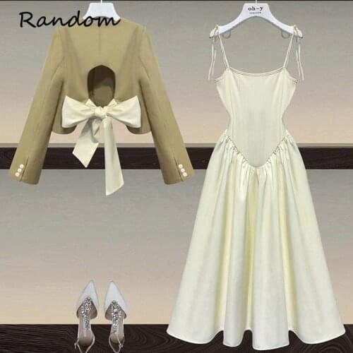 Women 2021 Summer Fashion Dress Suit Jacket Coat CropTop And SundressTwo Piece Set Outfit Solid High Street Elegant Party Cloth