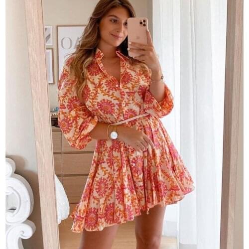 2021 New Floral Print Long Sleeve Shirt Dress With Belt Women Elegant Turn-down Collar Button Up Mini Dress Holiday Party Dress