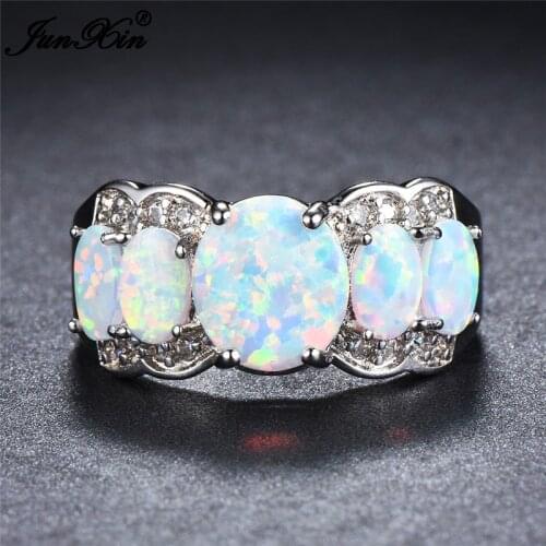 JUNXIN Female Women Oval Ring Fashion Wedding Ring White Fire Opal Stone Ring Vintage Silver Color Jewelry