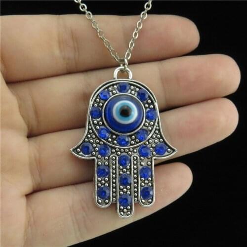 GLOWCAT Alloy Blue Rhinestone Evil Eye Hamsa Hand Pendant Chunky Collar Women Gift Necklaces Jewelry Making