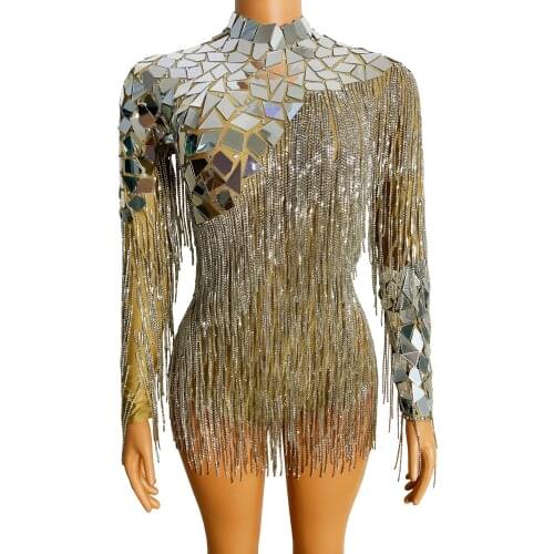Flashing Silver Mirror Rhinestone Chain Bodysuit Birthday Celebrate Backless Costume Evening Women Dancer Fringes Bodysuit