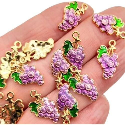 20 Enamel Purple Grape Charms Fruit Pendants Wine Jewellry Making Accessory Metal Grape Charms with Green Leaves Food