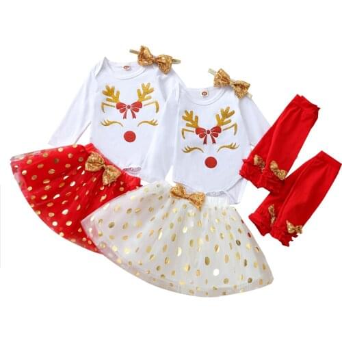 4Pcs Toddler Babys Clothes Christmas Outfits Reindeer Long Sleeves Romper Tutu Skirt Leg Warmer Headband For Baby Girls 0-18M