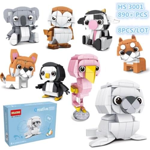 8pcs/lot Creative 3D Mini Cartoon Animal Block Set DIY Corgi Dog Penguin Owl Koala Cow sea lion Building Brick Toy For Kids #301
