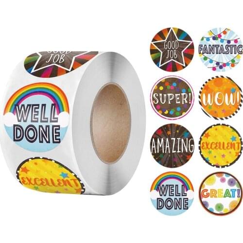 8 Designs Reward Stickers Cartoon Cute Words Stickers 500PCS/ROLL 1'' School Teacher Encouragement Motivational Stickers For Kid