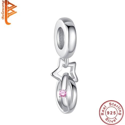 BELAWANG 100% Sterling Silver Jewelry Pink Star Charm Fit Original Bracelet For Women Romantic Bead Party Gift