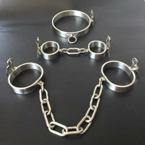 Stainless Steel Lockable Neck Collar Hand Ankle Cuffs Slave BDSM Tool Bondage Handcuffs Leg Irons Restraints Sex Toy For Couples