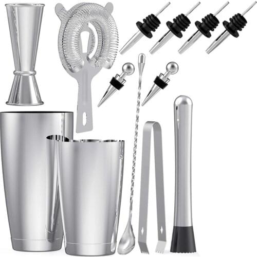 Stainless Steel Boston Cocktail Shaker Bar Set Tools with 28Oz/20Oz Shaker Tins, Measuring Jigger, Mixing Spoon, Liquor Pourers