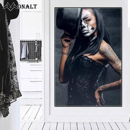 Black Hat Skull Tattoo Sexy Cool Girl Woman Poster Modern Pop Art Canvas Painting Print Pretty Frail Portrait Paintings for Home