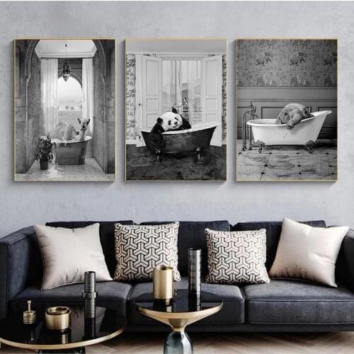 Black and White Animal Canvas Painting Posters And Prints Camel Elephant Giraffe Childrens Bathroom Wall Art Picture Home Decor