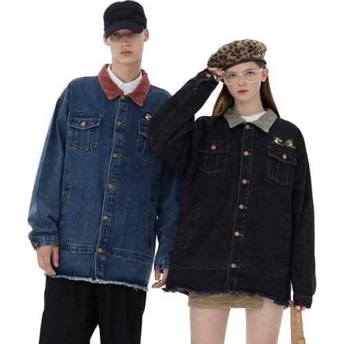 Denim Jacket Women Spring Long Sleeve Single Breasted Jeans Coat Ripped Hems Embroidery Contrast Color Mans Autumn Top Outwear