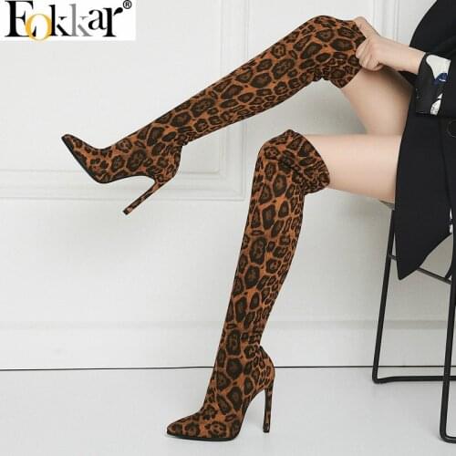 Eokkar 2020 Sexy Leopard High Heel Thigh High Boots Women Slip On Stretch Flock Winter Dress Boots Over The Knee High Boots