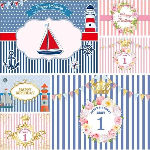 1st Birthday Party Photography Backdrops Photocall Gold Crown Stripe Flower Sailboat Custom Name Banner Background Photo Studio