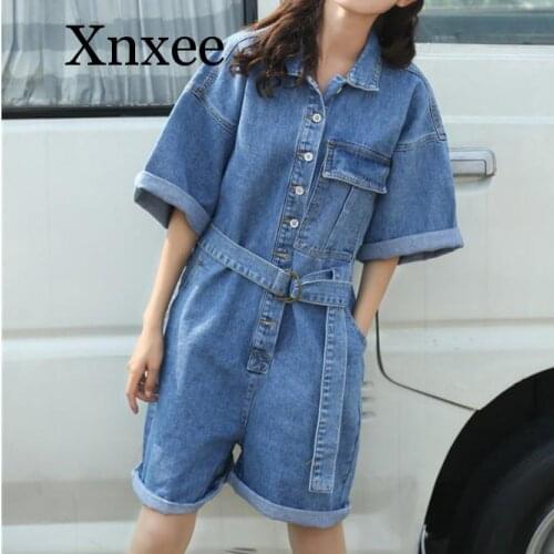 Belt Short Leisure Jeans Bodysuit Women Denim Suits Loose Playsuits Casual Romper Womens Jumpsuit Short Sleeve Light Blue Loose