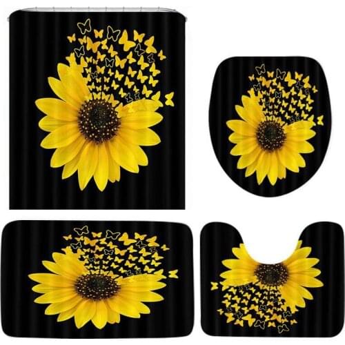 Sunflower Pattern Shower Curtain Set Toilet Cover Rug Carpets Non-Slip Kitchen Bath Mat Bathroom Set Decoration