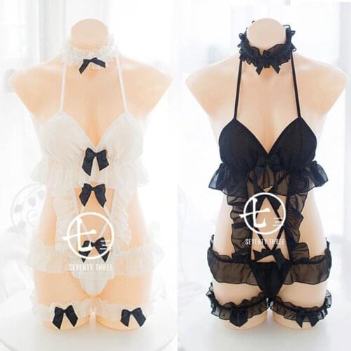 Sexy Lolita Womens Lingerie 3PCS Set Bra & Panties Set Cross Tie Bows Cute Exotic Apparel Black & White