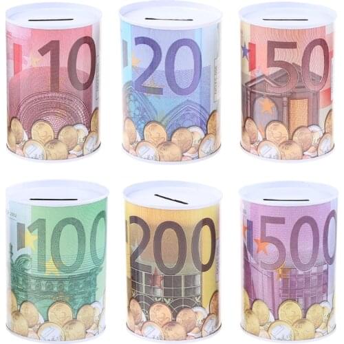 Creative Euro Dollar Metal Cylinder Piggy Bank Saving Money Box Home Decoration