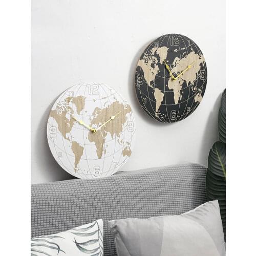 Creative Retro Wall Clock Simple Silent Living Room Wooden World Map Wall Clock Nordic Design Reloj Pared Home Decor BW50WC
