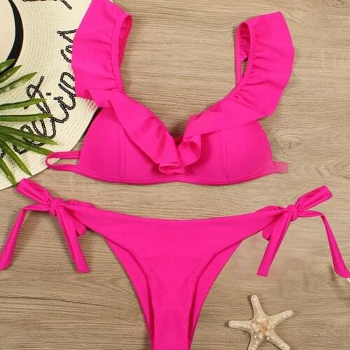 Bandage Bikini Swimwear Women Low Waist Solid Bikini Sets Bathing Suits Push Up Ruffles Beach Wear Push Up Swimsuit Summer