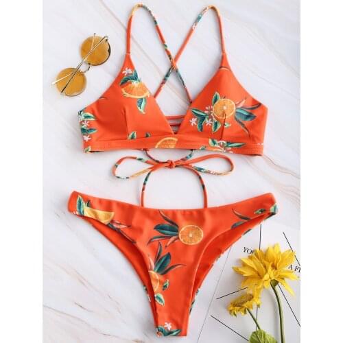 Sexy Orange Fruit Print Bandage Bikini Sets Women Boho Push Up Two Pieces Swimsuits Bathing Suit Beach Wear Brazilian Biquini