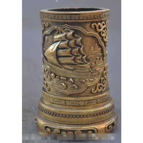 14cm marked chinese fengshui brass Sailboat brush pot pencil vase
