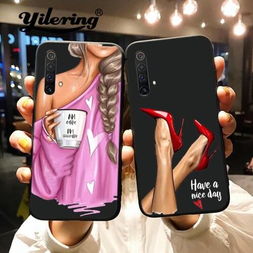 Fashion Coffee girl high heels Phone Case for OPPO Realme C3 C11 C12 C15 C17 5 6 7 X7 Pro X50 Q 6i 7i 6S X2 XT Black Case Cover
