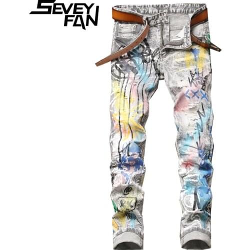 SEVEYFAN Mens Fashion Graffiti Printed Jeans Elastic Ripped Hole Denim Pants Painted Streetwear Jeans