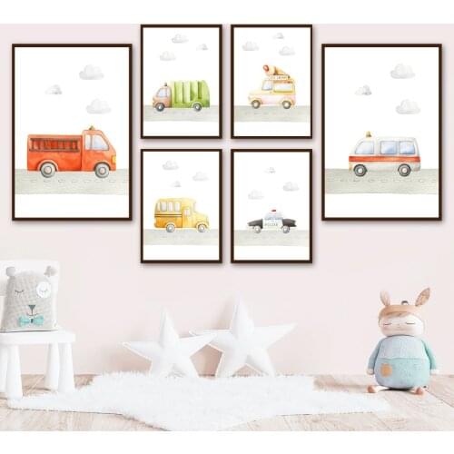 Wall Pictures Kids Room Home Decor Ambulance School Bus Fire Truck Cartoons Wall Art Canvas Painting Nordic Posters And Prints