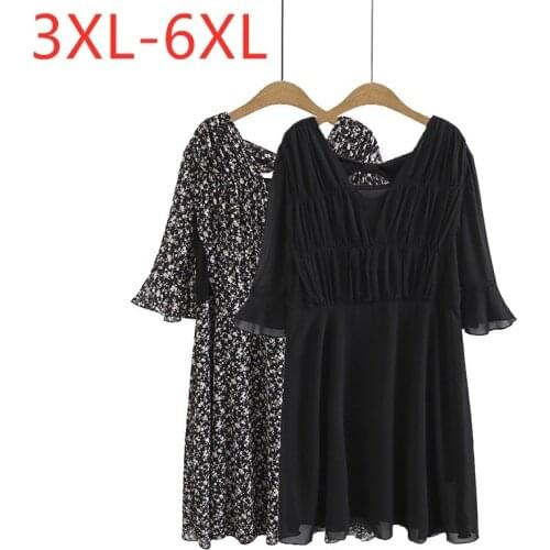 New 2021 Ladies Summer Plus Size Midi Dress For Women Large Short Sleeve Loose Floral V-neck Chiffon Pleated Dress 4XL 5XL 6XL