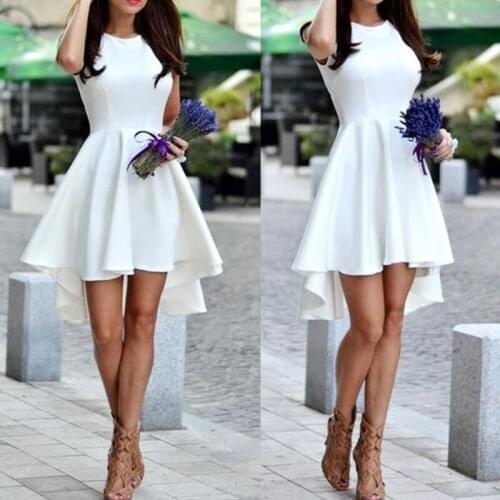 Adorable Gorgeous White High/Low Short Above Knee Sleeveless Satin O-Neck Formal Homecoming Prom Dresses Gowns