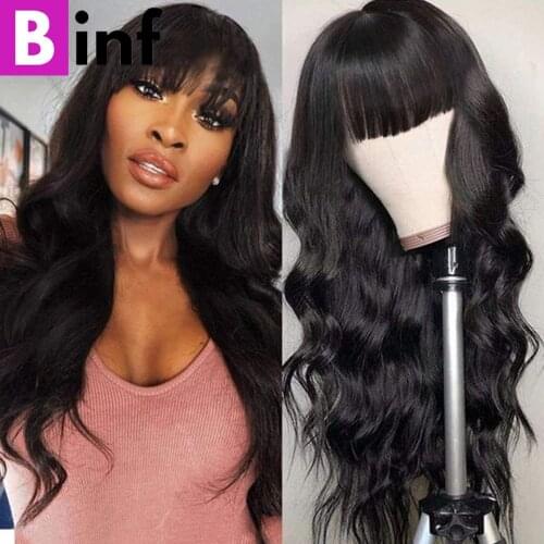 Body Wave Human Hair Wig With Bangs Peruvian Remy Human Hair Wigs for Black Women 150% Density Full Machine Wigs Natural Black