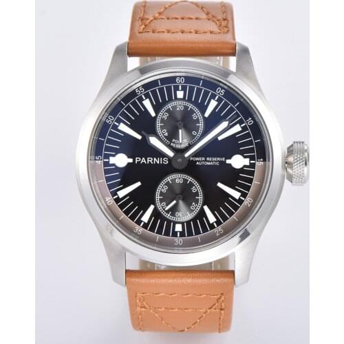 Parnis 46mm Black Dial Mens Mechanical Watch Luminous Waterproof Leather Strap Power Reserve Mens Automatic Watch