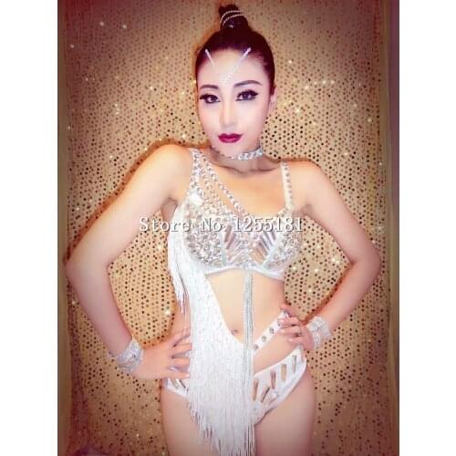Sexy White Tassel Rhinestone Bra Short Outfit Womens Bar Team Dancer Costume Stage Show Nightclub Party Singer Performance Wear