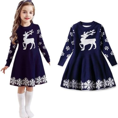 Girls New Fashion Sweater Dresses Elk Pattern Winter Long Sleeve Warm Cotton Sweater Casual Dress Christmas Little Girl Clothing