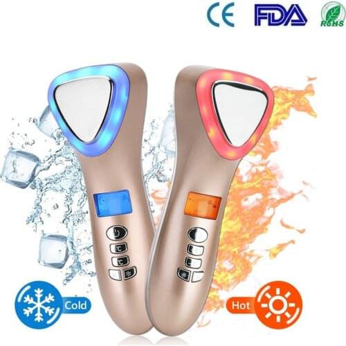 LED Hot Cold Face Skin Care Device Massager Hammer Ultrasonic Cryotherapy Facial Vibration Red Blue Light Ion Beauty Instrument