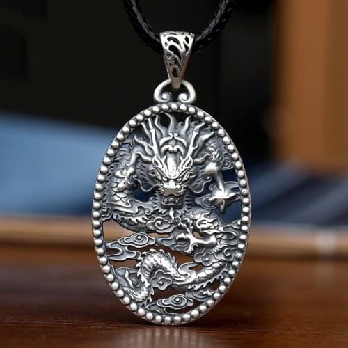 Retro Ancient Silver Hollowing out Dragon Amulet Pendant Necklace Accessories Jewelry Lucky Carved Fashion Women Sweater Chain